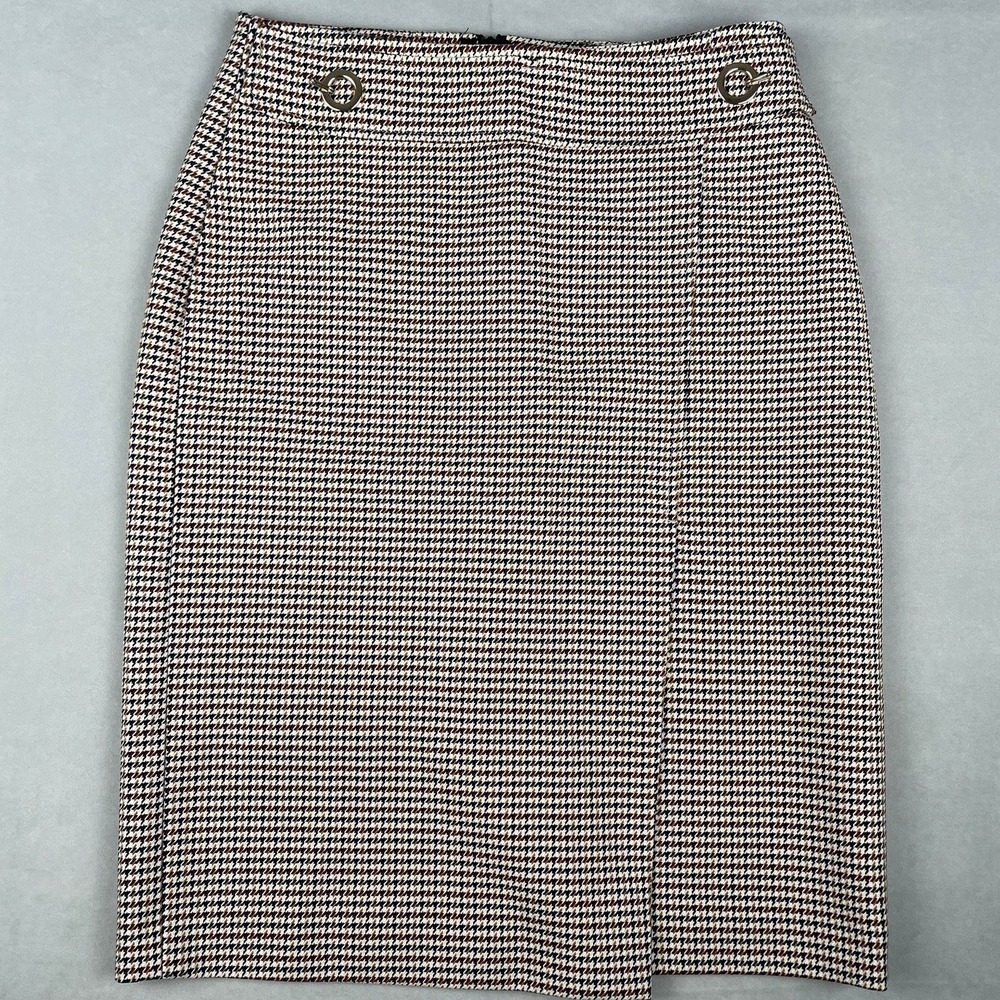 H&M Houndstooth Midi Pencil Skirt Sz 4 Neutral Office Preppy Old Money Boho Chic - Picture 1 of 9